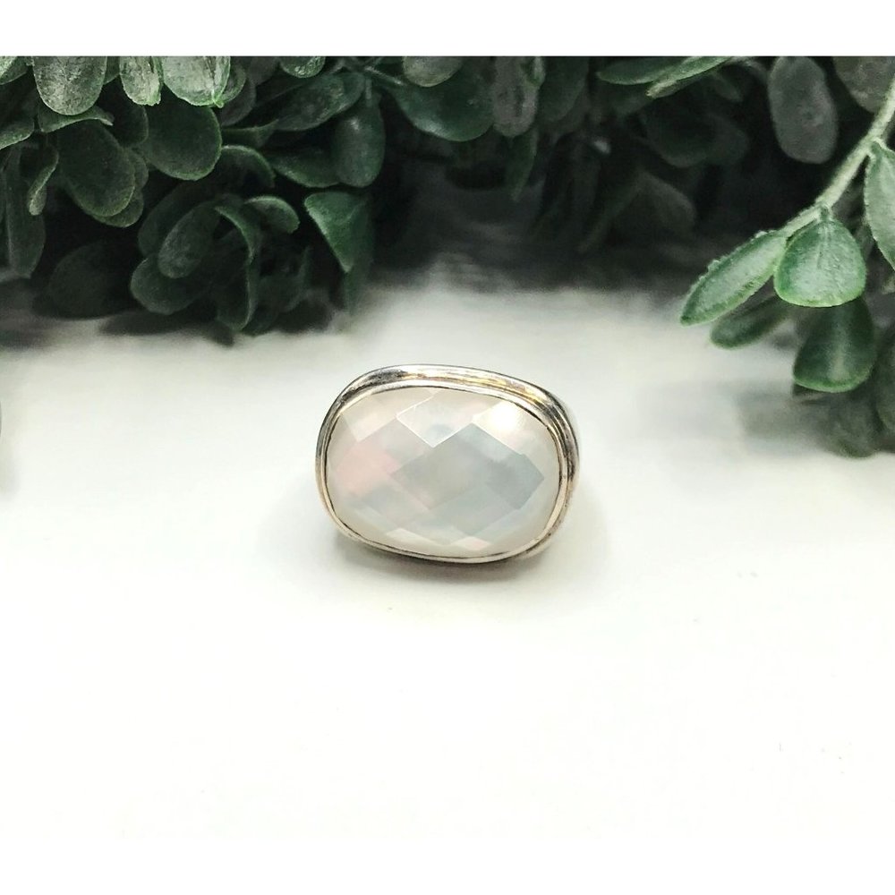 Vintage ring silver tone 925 oblong clear quartz stone 7.5 size